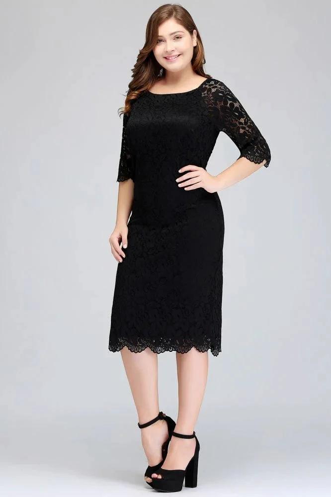 Bateau Tea Length Mermaid Plus size Lace Black Evening Dresses with sleeves by misshow.com