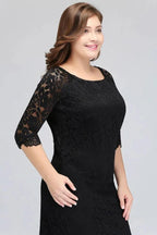 Bateau Tea Length Mermaid Plus size Lace Black Evening Dresses with sleeves by misshow.com