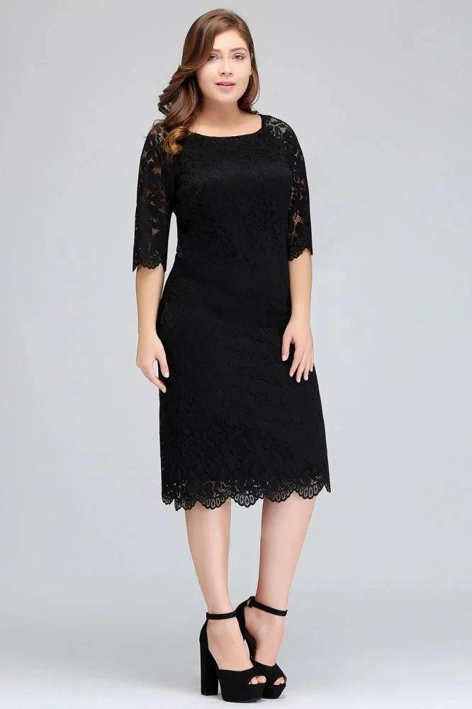 Bateau Tea Length Mermaid Plus size Lace Black Evening Dresses with sleeves by misshow.com