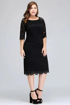 Bateau Tea Length Mermaid Plus size Lace Black Evening Dresses with sleeves by misshow.com