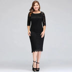 Bateau Tea Length Mermaid Plus size Lace Black Evening Dresses with sleeves by misshow.com