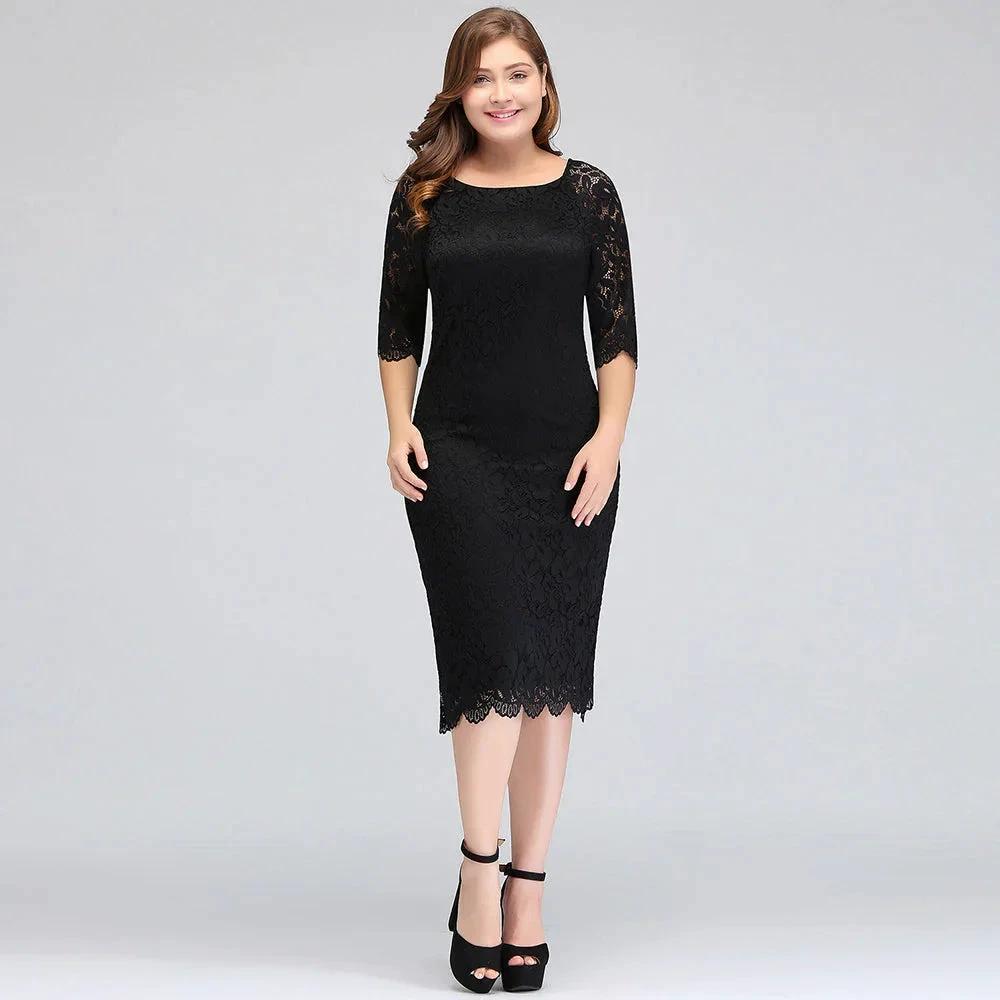 Bateau Tea Length Mermaid Plus size Lace Black Evening Dresses with sleeves by misshow.com