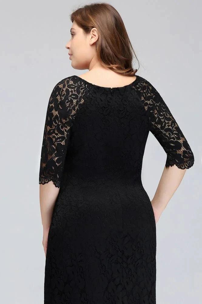 Bateau Tea Length Mermaid Plus size Lace Black Evening Dresses with sleeves by misshow.com