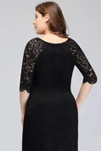 Bateau Tea Length Mermaid Plus size Lace Black Evening Dresses with sleeves by misshow.com