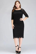 Bateau Tea Length Mermaid Plus size Lace Black Evening Dresses with sleeves by misshow.com