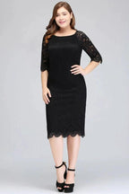 Bateau Tea Length Mermaid Plus size Lace Black Evening Dresses with sleeves by misshow.com