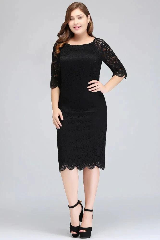 Bateau Tea Length Mermaid Plus size Lace Black Evening Dresses with sleeves by misshow.com