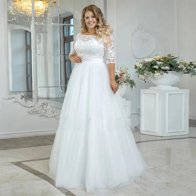 Vintage Beach Wedding Dress Plus Size Boho Lace Applique Three Quarter Sleeves Tulle Bride Gown A-Line Floor Length by payinti
