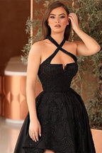 Sleek and Stylish Black Halter Strapless Sleeveless A Line Prom Dress with Split Front by BIZTUNNEL