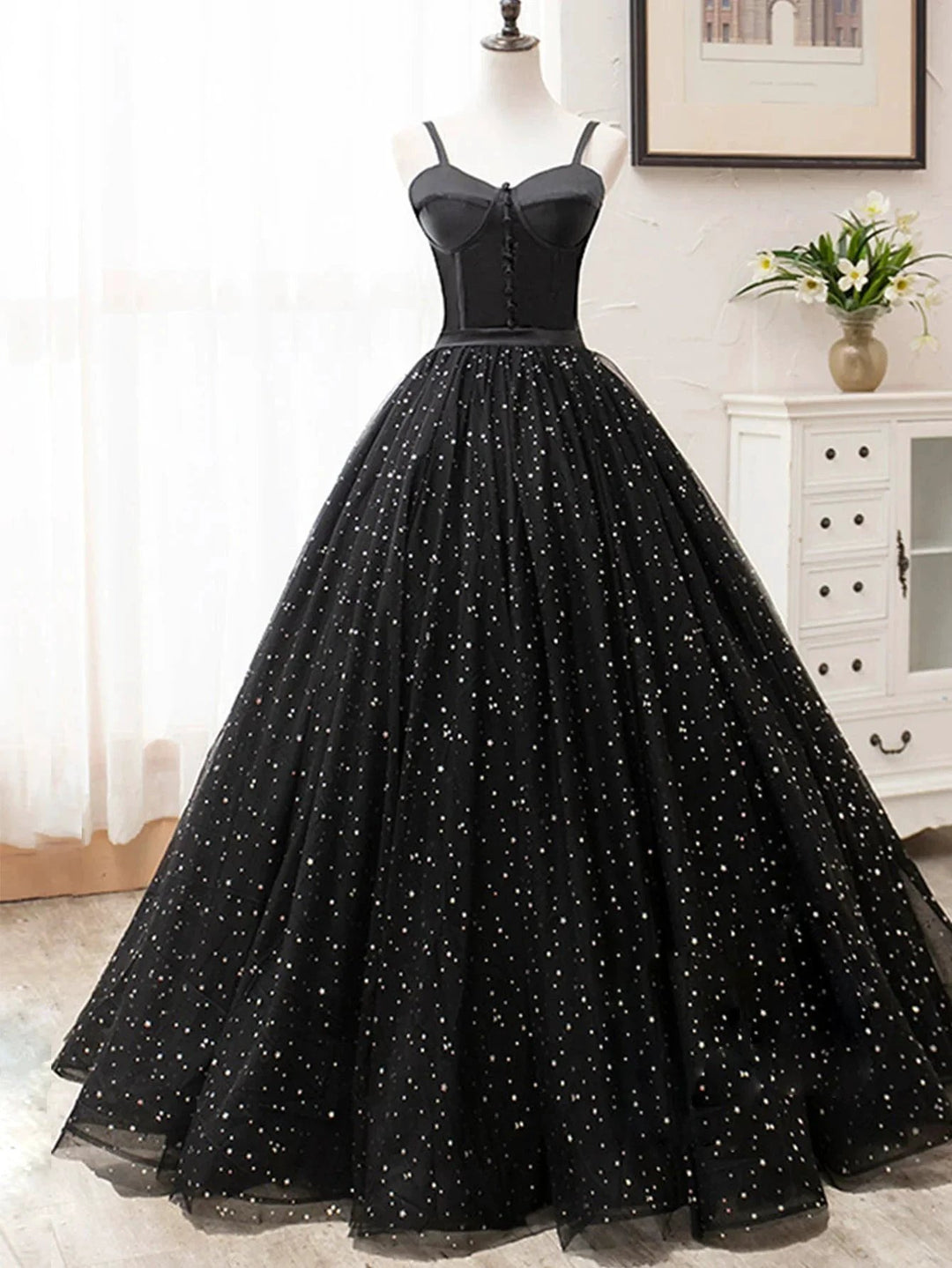 V Neck Glitter Black Long Prom Dress by KissProm