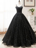 V Neck Glitter Black Long Prom Dress by KissProm