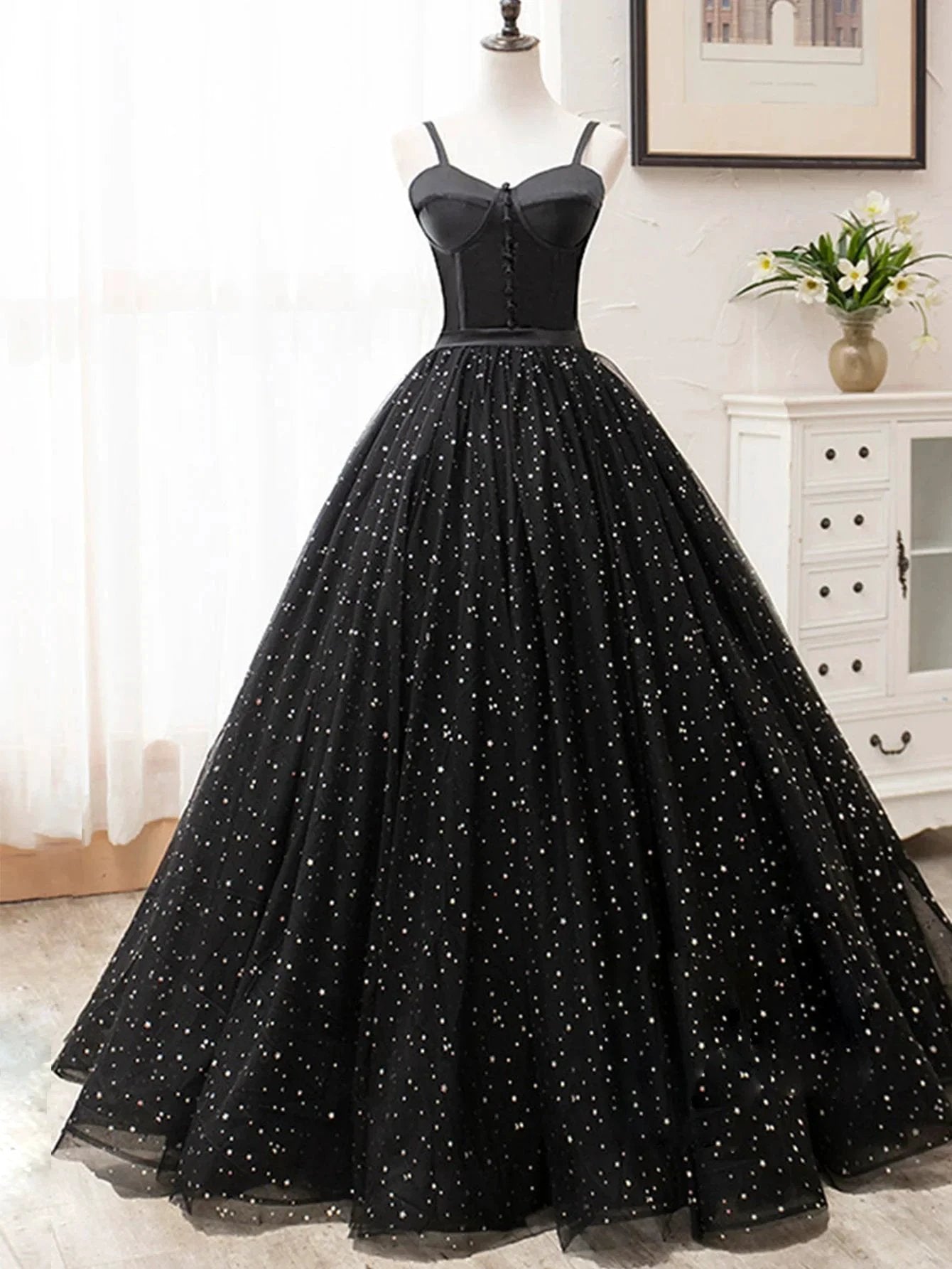 V Neck Glitter Black Long Prom Dress by KissProm