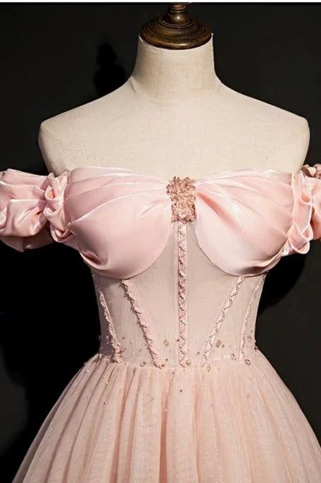 Pink Tulle Beaded Princess Prom Dress Off The Shoulder Ball Gown Evening Dress Y7584 by simplepromdress