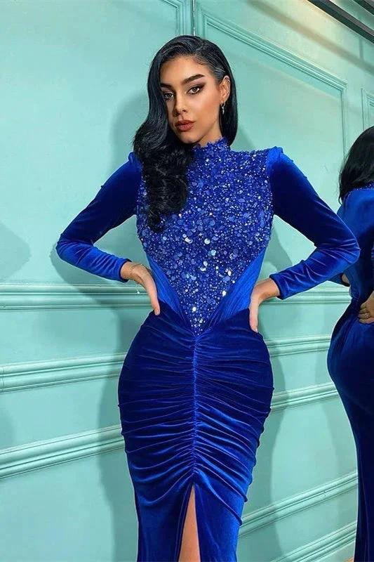 Regal Blue Mermaid Prom Gown with Long Sleeves by BIZTUNNEL