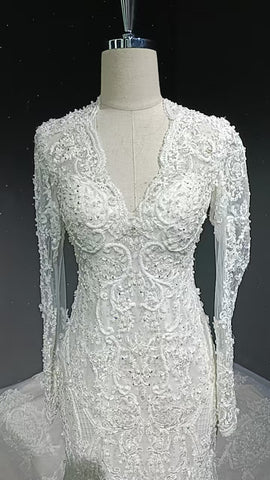 V-neck long sleeved luxurious nail bead trailing bridal veil