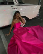 Strapless Hot Pink Satin Long Evening Dress Elegant Formal Gown Y441 by simplepromdress