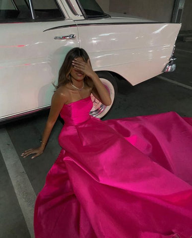 Vestido de noche largo de satén rosa intenso sin tirantes, elegante vestido formal Y441