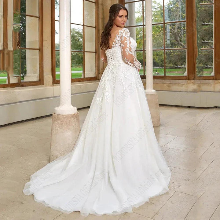 Pastrol Wedding Dresses Plus Size Long Sleeves Lace Up Bride Gowns Applique A-Line Tulle V-Neck vestido de noiva by payinti