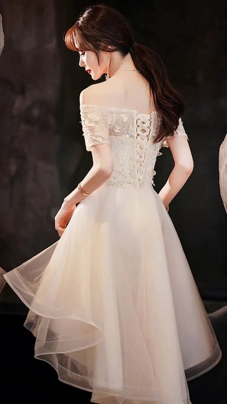 Champagne tulle high low prom dress champagne evening dress Y983 by simplepromdress