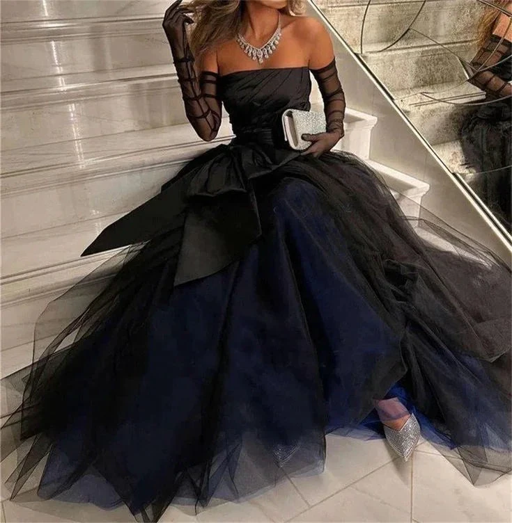Sexy Strapless Puffy Tulle Prom Dress Black Evening Dress With Gloves Y7631 by simplepromdress