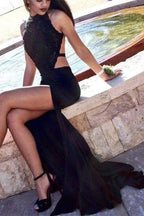 Halter Split Front Open Back Sleeveless Mermaid Long Prom Dress by BIZTUNNEL