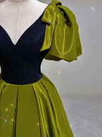 Sexy Green Satin V Neck Puff Sleeves Prom Dress Brithday Ball Gown Party Dress Y7600 by simplepromdress