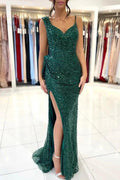 Spaghetti Strap Green Mermaid Long Prom Dress with Split Sequins by BIZTUNNEL