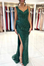 Spaghetti Strap Green Mermaid Long Prom Dress with Split Sequins by BIZTUNNEL