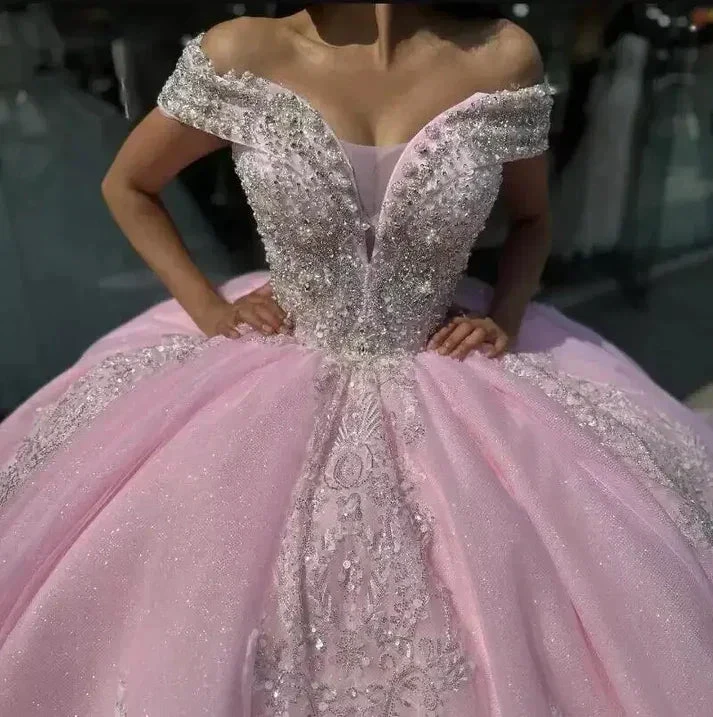 Pink Quinceanera Dress Off Shoulder Appliques Beaded Ball Gown Sweet 16 Princess Quinceanera Dress Y7464 by simplepromdress