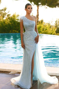 Elegant Long Mermaid One Shoulder Tulle Sequins Prom Dress with Slit by BIZTUNNEL