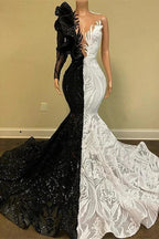 Long Sleeves Black and White Mermaid Lace Prom Dress by BIZTUNNEL