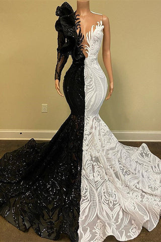 Vestido de fiesta de sirena con encaje blanco y negro y mangas largas