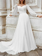 Beach Fall Wedding Dresses A-Line Off Shoulder Long Sleeve Court Train Chiffon Bridal Gowns With Appliques Solid Color by Aabei