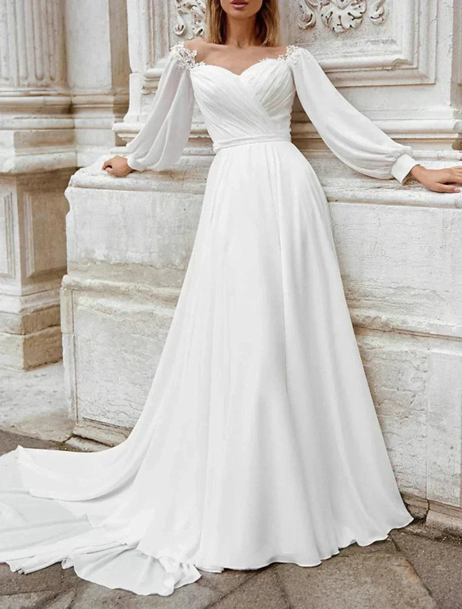 Beach Fall Wedding Dresses A-Line Off Shoulder Long Sleeve Court Train Chiffon Bridal Gowns With Appliques Solid Color by Aabei
