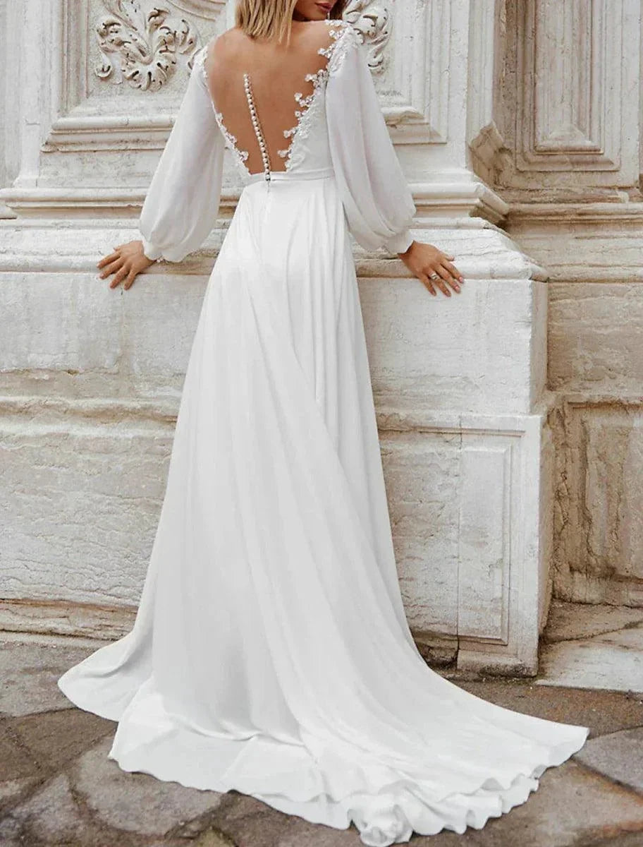 Beach Fall Wedding Dresses A-Line Off Shoulder Long Sleeve Court Train Chiffon Bridal Gowns With Appliques Solid Color by Aabei