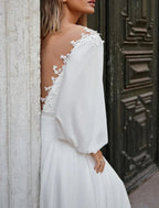 Beach Fall Wedding Dresses A-Line Off Shoulder Long Sleeve Court Train Chiffon Bridal Gowns With Appliques Solid Color by Aabei