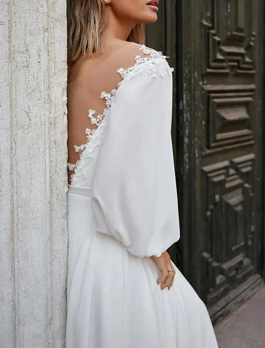Beach Fall Wedding Dresses A-Line Off Shoulder Long Sleeve Court Train Chiffon Bridal Gowns With Appliques Solid Color by Aabei