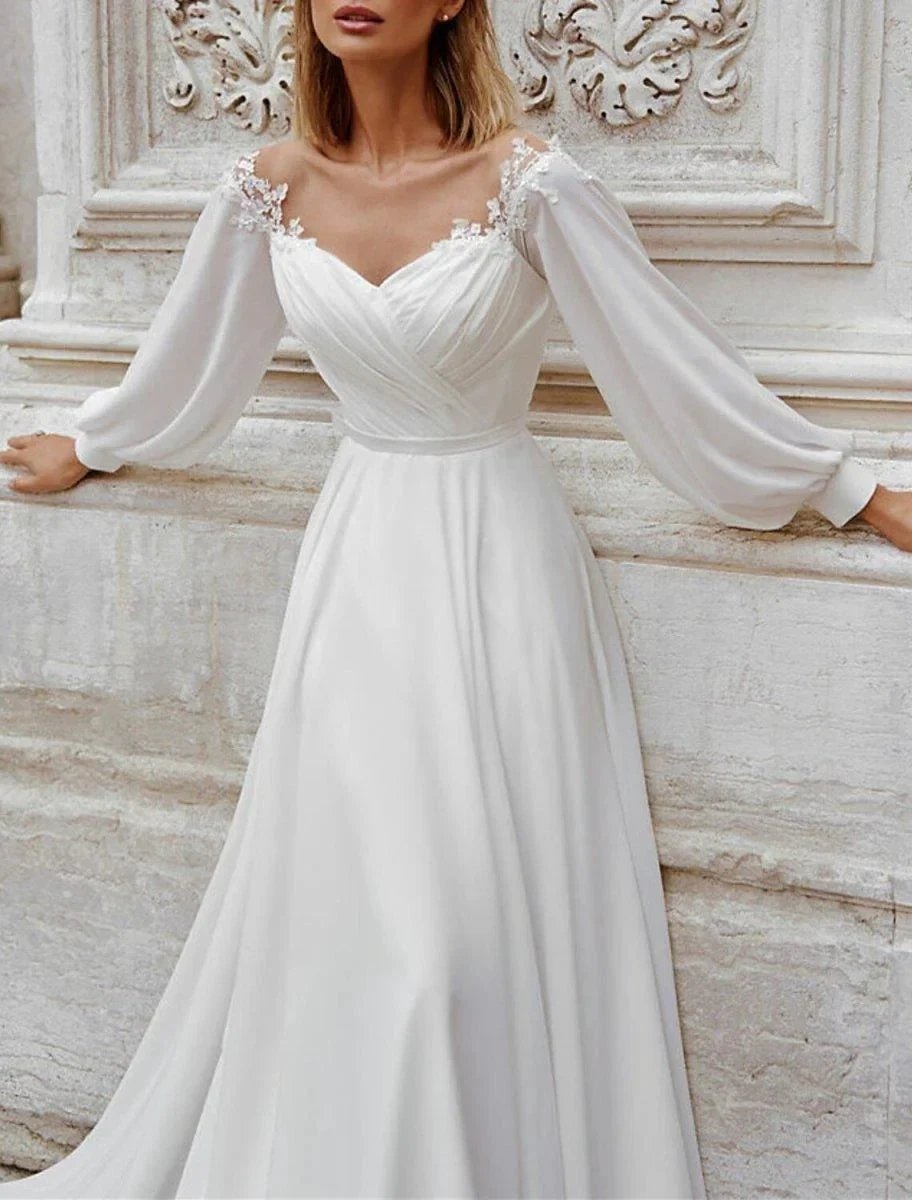 Beach Fall Wedding Dresses A-Line Off Shoulder Long Sleeve Court Train Chiffon Bridal Gowns With Appliques Solid Color by Aabei
