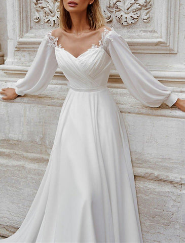 Vestidos de novia de playa de otoño, corte A, hombros descubiertos, manga larga, cola de corte, vestidos de novia de gasa con apliques, color liso