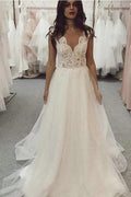 Beach Ivory Long A Line V Neck Tulle Lace Wedding Dress by BIZTUNNEL