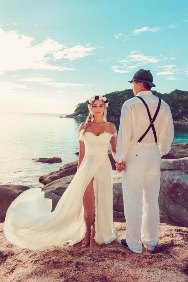 Vestidos de Noiva Longos de Chiffon com Renda e Ombros Descobertos WD213