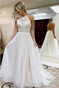 Beach Long A Line Halter Tulle Lace Backless Wedding Dress by BIZTUNNEL