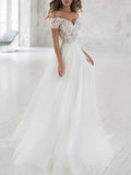 Beach Long A-Line Off the Shoulder Lace Tulle Wedding Dresses by BIZTUNNEL