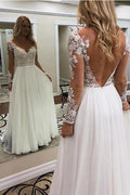 Beach Long A Line V Neck Tulle Backless Wedding Dress with Sleeves by BIZTUNNEL