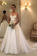 Beach Long A Line V Neck Tulle Lace Appliques Wedding Dress by BIZTUNNEL