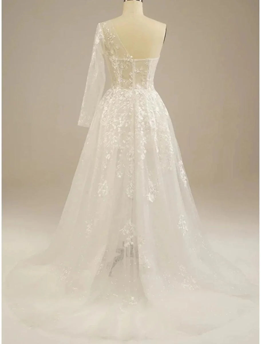 Beach Sexy Boho Wedding Dresses A-Line One Shoulder Long Sleeve Sweep / Brush Train Lace Bridal Gowns With Split Front