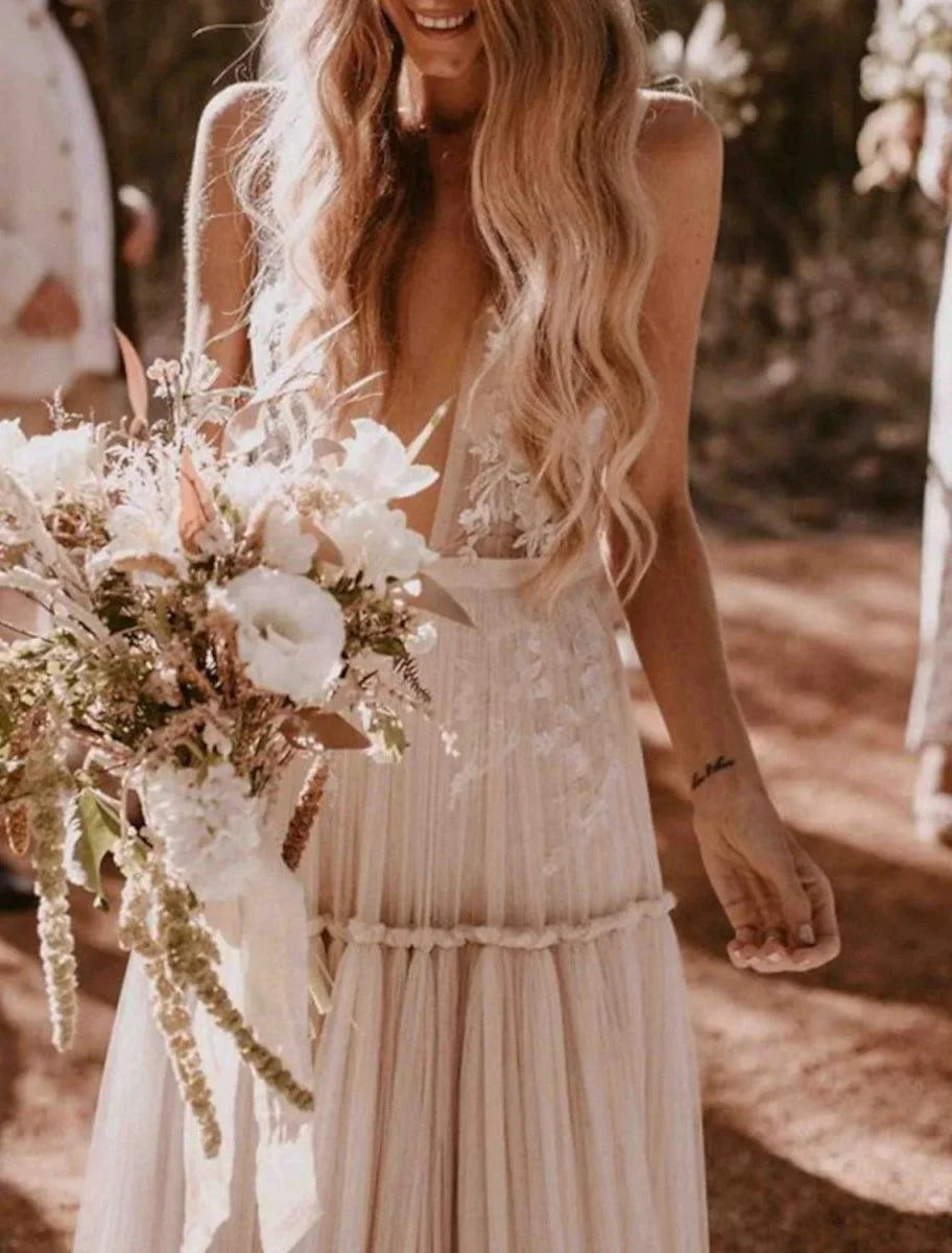 Beach Sexy V Neck Sleeveless Floor Length Tulle Bridal Gowns With Wedding Dresses