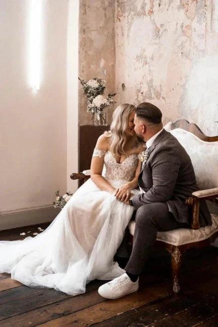 Beautiful A-line Boho Off-the-shoulder Wedding Dresses With Lace by misshow.com