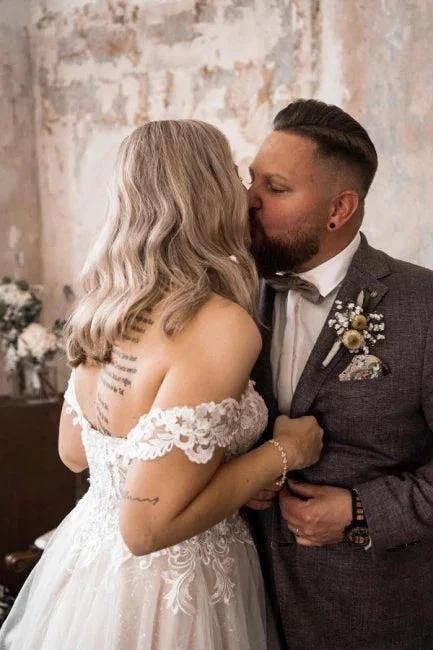 Beautiful A-line Boho Off-the-shoulder Wedding Dresses With Lace by misshow.com