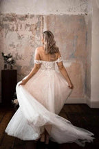 Beautiful A-line Boho Off-the-shoulder Wedding Dresses With Lace by misshow.com